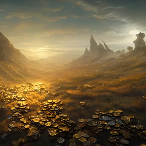 Image similar to a landscape covered in huge piles of money and coins, golden ray traced light by WLOP and tony sart, god rays, fantasy art, 4k, HDR, photorealistic, 8k, trending on artstation