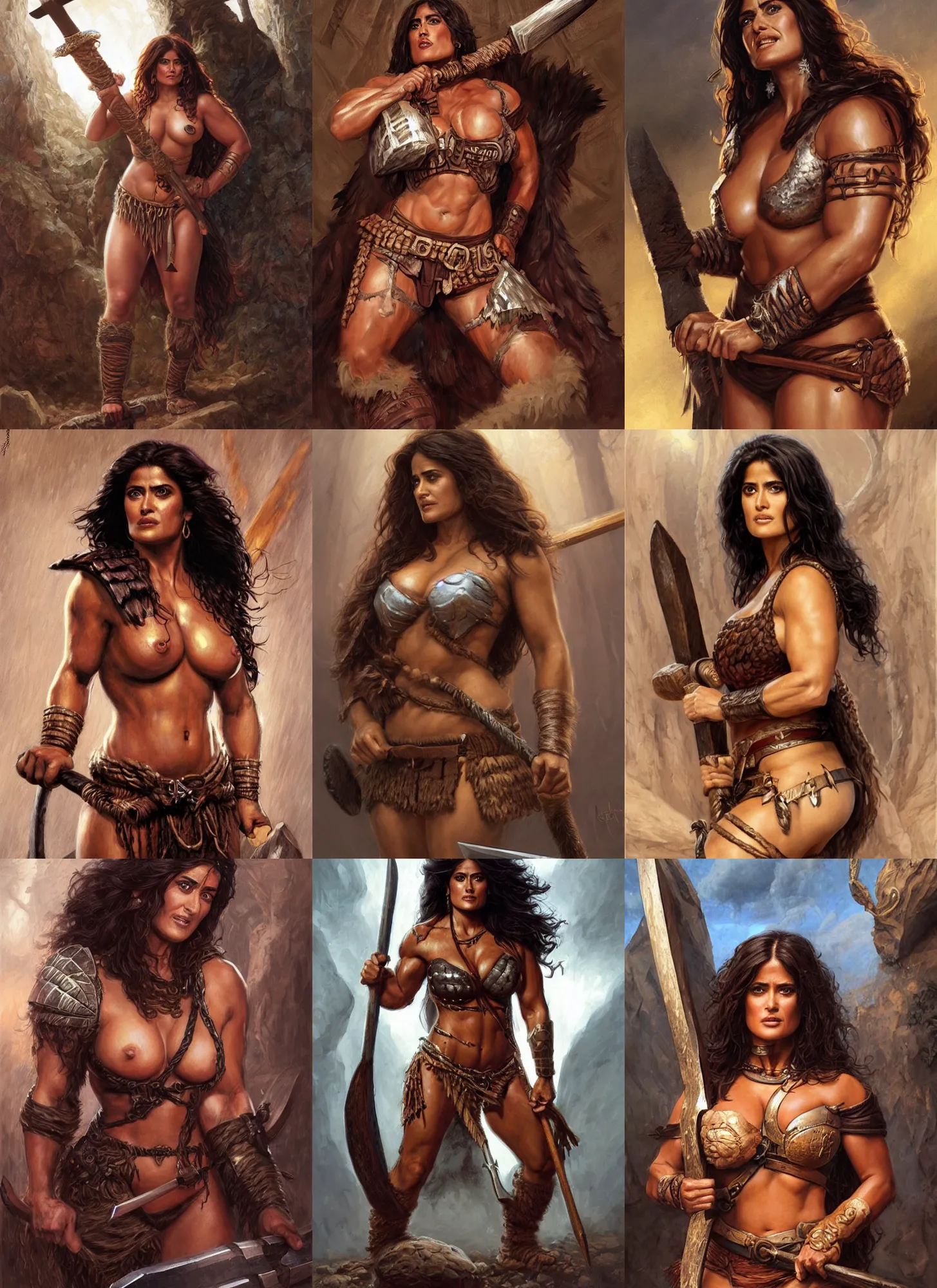 Image similar to portrait of very muscled Salma Hayek as barbarian with axe drawn hiding from a few scary creepy mummies, elegant, highly detailed, centered, digital painting, artstation, concept art, artgerm, donato giancola, Joseph Christian Leyendecker, WLOP, Boris Vallejo, Artgerm