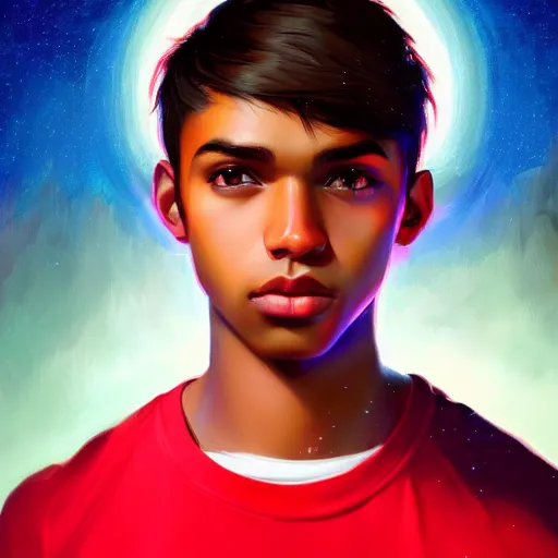 Image similar to colorful and festive captivating teenager with straight brown hair covering his eye, dark skin, big lips, big eyes, wearing a red t - shirt. rich vivid colors, ambient lighting, dynamic lighting, 4 k, atmospheric lighting, painted, intricate, highly detailed by charlie bowater