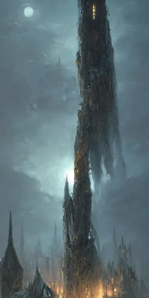 Prompt: Extremely tall wizard tower under a pale moon, Darek Zabrocki, Karlkka, trending on Artstation, 8K