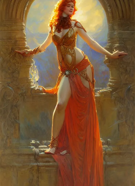 Image similar to young celtic woman, goddess of fire, flowing gown, smug expression, highly detailed painting by gaston bussiere, craig mullins, j. c. leyendecker 8 k, art nouveau