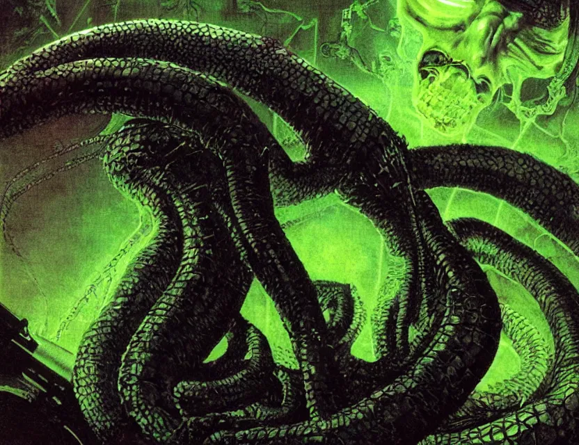 Image similar to a close - up view portrait of a silhouetted supernatural laser snake in brutalist halls with metallic alien technology. close - up view, detailed textures. glowing green purple fog, dark black background. poison skull face, highly detailed fantasy science fiction painting by moebius, norman rockwell, frank frazetta, and syd mead. rich colors, high contrast