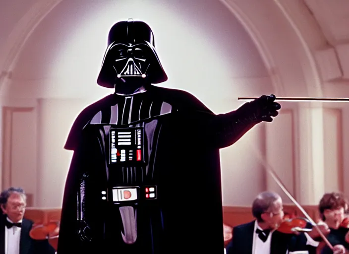 Prompt: film still of Darth Vader conducting an orchestra live at Heinz hall, 4k