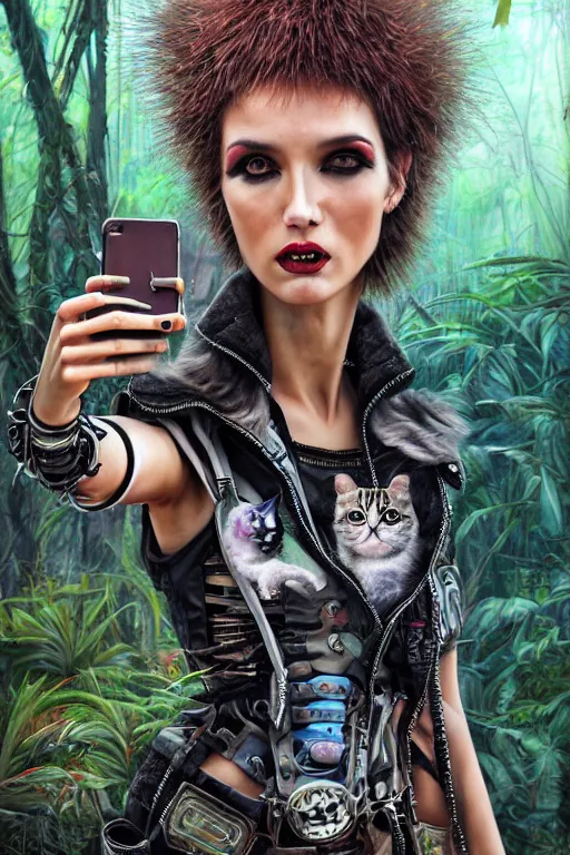 Image similar to punk rock robot girls making selfie in jungles with cats, mad max jacket, renaissance, cables on her body, hyper realistic style, oil painting, highly detailed, 4K, fantasy by Olga Fedorova