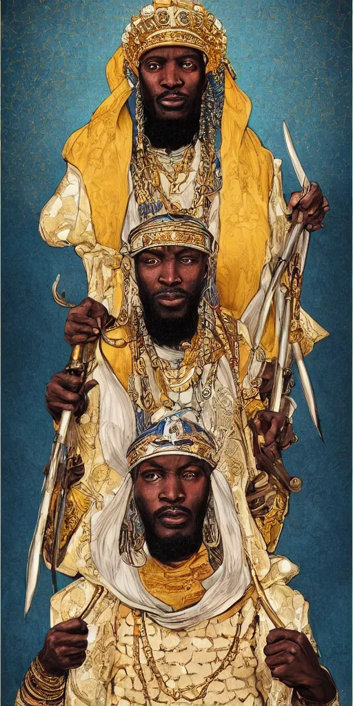 Prompt: a stunning and noble highly detailed romantic period style portrait of mansa musa by josep tapiro baro, by james jean, by kim jung gi, trending on artstation, oil painting masterpiece, symmetry, mysterious, very very very aesthetic, african iconography