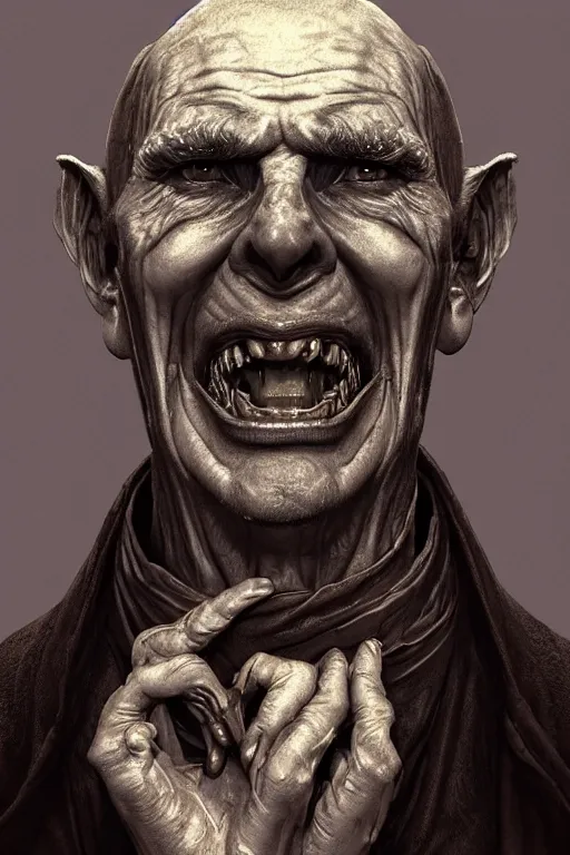 Image similar to portrait of a old vampire slightly smiling, intricate wrinkles, dystopian terror, sharp black fangs, night light, extremely detailed, digital painting, candles, sculpted in zbrush, artstation, concept art, smooth, sharp focus, illustration, chiaroscuro lighting, golden ratio, incredible art by Stanley Artgerm Lau and Greg Rutkowski, composition by Alphonse Mucha and Simon Stalenhag