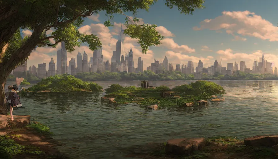 Prompt: new york city with a lake, beautiful ancient trees, hiding large treasure chest, serene evening atmosphere, soft lens, soft light, cel - shading, animation, in the style of cgsociety, deviantart, artstation, zbrush, cinema 4 d, studio ghibli, akihiko yoshida, atelier lulua, masamune shirow