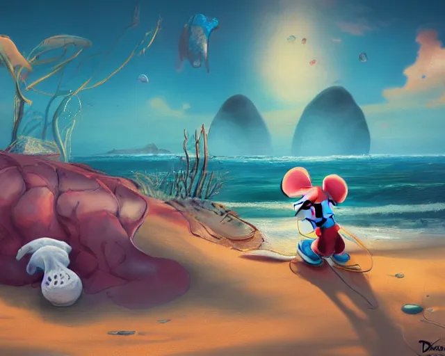 Image similar to Mickey mouse sitting next to terrifying sea creatures on a creepy beach, digital art, by Daniel Conway, super detailed, artstation