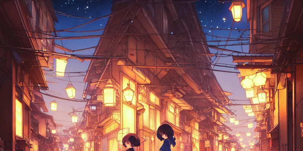 Image similar to the girl and the alley. anime, cozy village, at night after rain, clear night sky, lanterns. by hayao miyazaki and rossdraws and artgerm and greg rutkowski and alphonse mucha. anime production by studio ghibli. high quality, stunning, intricate detailed environment. 8 k