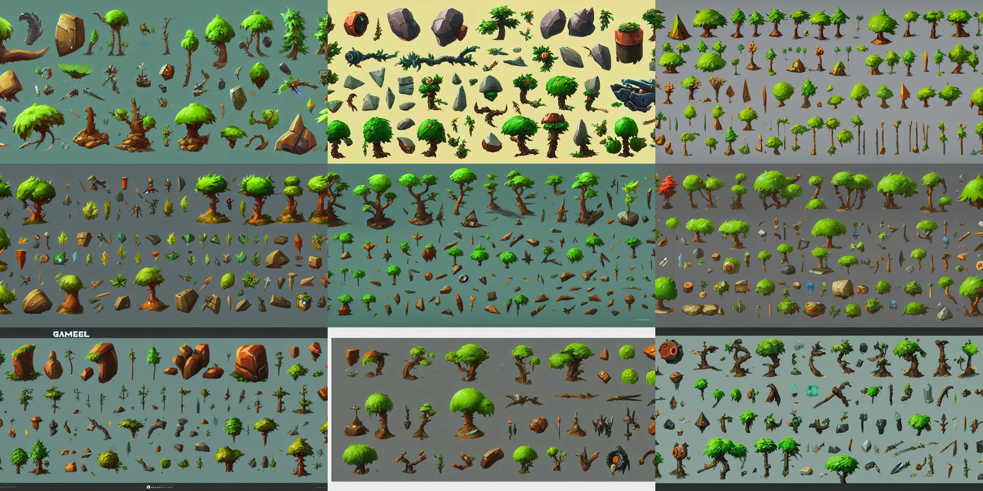 Prompt: game asset of plant and tree, in gouache detailed paintings, props, stylized, 2 d sprites asset sheet, kitbash, arcane, prop rocks, overwatch, many color scheme, 8 k, close up, transparent backround