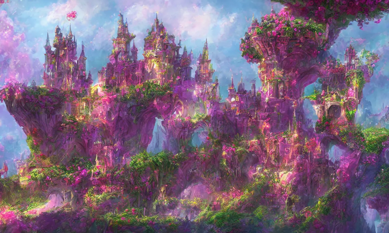 Image similar to concept art of the colorful rose castle, spectacular, magnificent, fantasy, by georgia hart and osnat fine art,