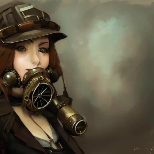 Prompt: portrait of a woman wearing a steampunk gas mask by krenz cushart