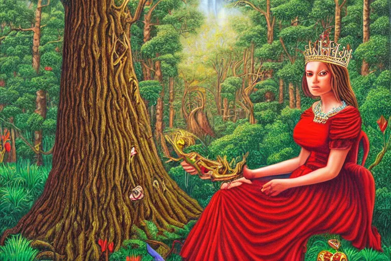 Image similar to a calm beautiful queen sitting in the forest by todd schorr, portrait,