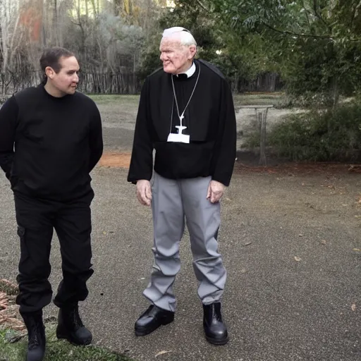 Prompt: john paul ii standing in a black hoodie, black cargo pants and high black boots