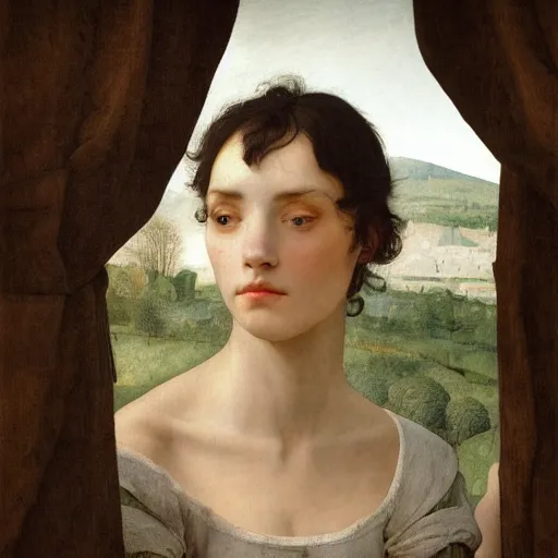 Image similar to A dreamy sleepy young woman with very short dark curly hair, portrait art by caspar david friedrich and pieter bruegel, highly detailed, digital painting, concept art, illustration, dim lighting with twilight rays of sunlight coming through the window with closed shutters, trending on artstation, very detailed, smooth, sharp focus, octane render