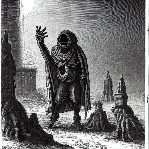 Image similar to eerie space alien talking to a group of people in front of a space ship in an ancient village in a Gustave Dore art style, grunge, matte