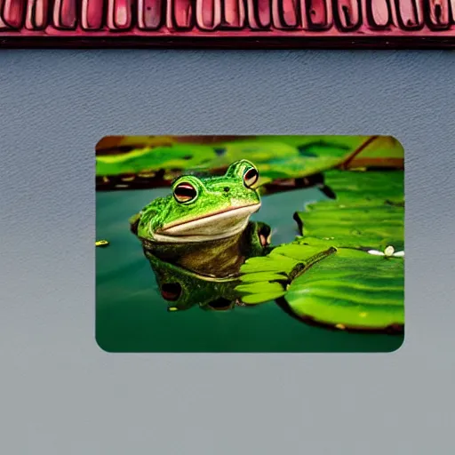 Prompt: sticker!!! with close - up of a smiling frog in the pond with water lilies, medieval castle on background, shallow depth of field, highly detailed, ominous, digital art, masterpiece, matte painting, sharp focus, matte painting, by isaac levitan, monet, asher brown durand,