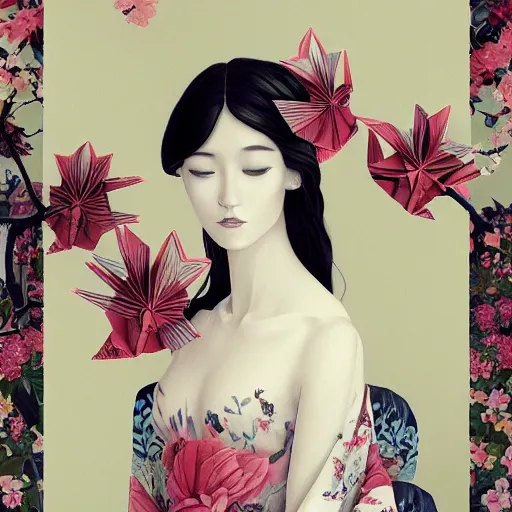 Image similar to 3 / 4 view of a beautiful girl wearing an origami dress, eye - level medium shot, fine floral ornaments in cloth and hair, hummingbirds, elegant, by eiko ishioka, givenchy, edward hopper, by peter mohrbacher, centered, fresh colors, origami, fashion, detailed illustration, vogue, high depth of field, japanese, reallusion character creator