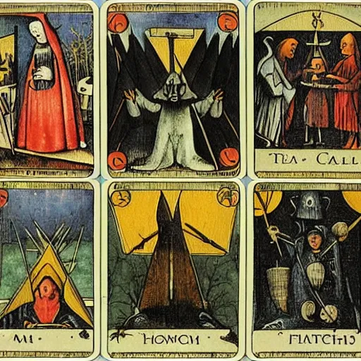 Prompt: tarot cards designed by hieronymous bosch