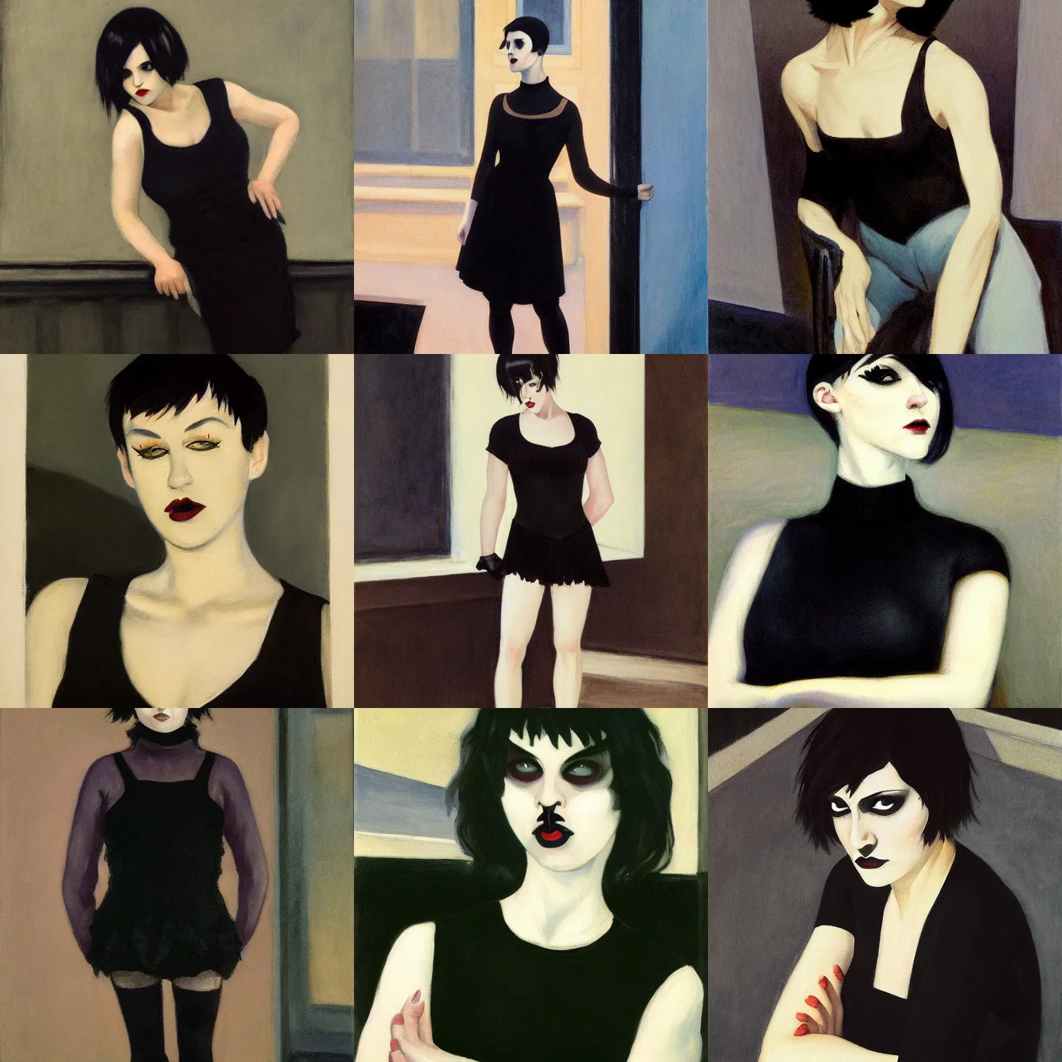 Prompt: A goth painted by Edward Hopper. Her hair is dark brown and cut into a short, messy pixie cut. She has a slightly rounded face, with a pointed chin, large entirely-black eyes, and a small nose. She is wearing a black tank top, a black leather jacket, a black knee-length skirt, a black choker, and black leather boots.