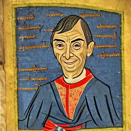 Prompt: medieval manuscript art of mr. bean