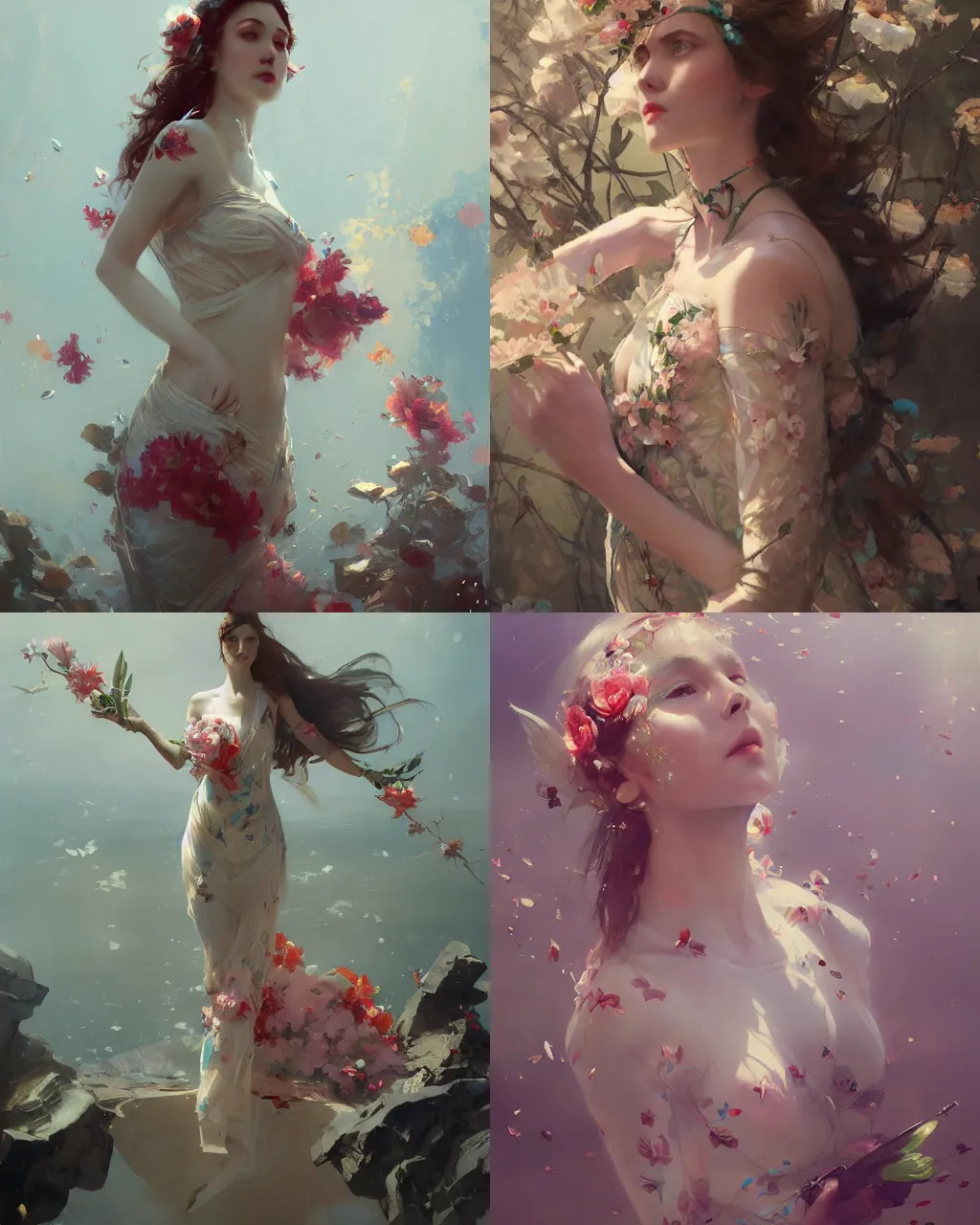 Prompt: 4k cinematic full view elegant female wearing floral floaty attire by Ruan Jia by Greg Rutkowski, art nouveau style, detailed and realistic, poetic and symbolic, Artstation