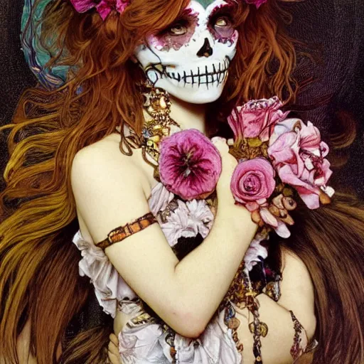 Prompt: realistic detailed photograph of a cute punk Día de los Muertos girl by Mario Testino Alphonse Mucha Ayami Kojima Amano Charlie Bowater, masterpiece