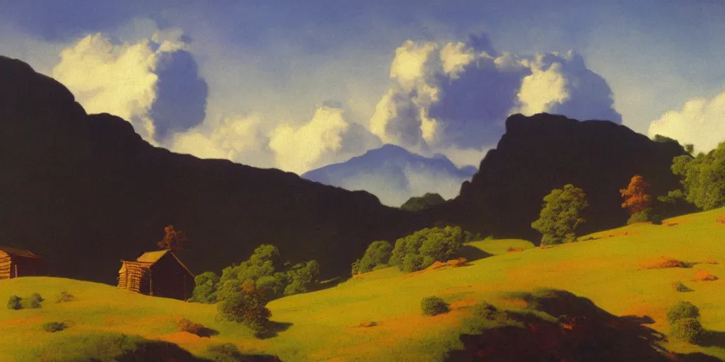 Prompt: a log cabin on a windy hillside, style of maxfield parrish, oil painting, high art,