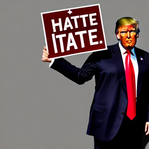 Image similar to a photo of Donald Trump holding a sign saying 'I hate signs !', desaturated photo, cinematic