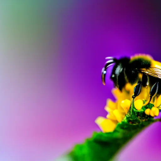 Image similar to surreal composite bumble bee made of flowers, pedicel legs, flower petal wings, siting on a finger, 5 0 mm lens, f 1. 4, sharp focus, ethereal, emotionally evoking, head in focus, volumetric lighting, blur dreamy outdoor