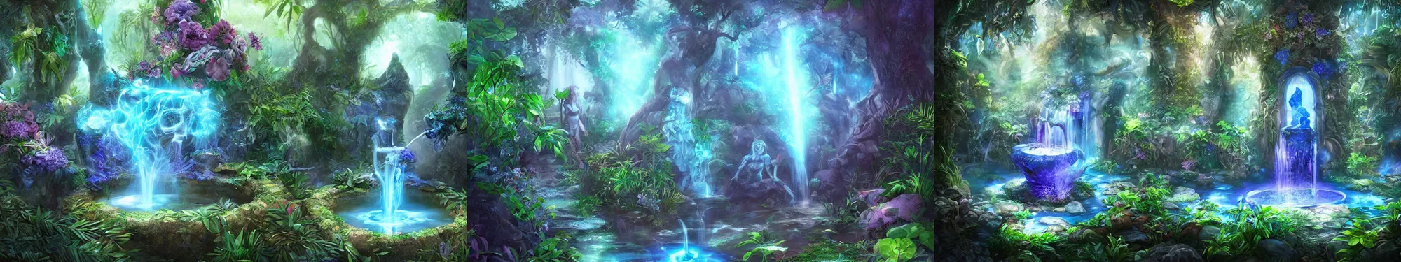 Prompt: immortality fountain, well, in the jungle. bloom, blue lighting. fantasy, digital painting, hd, detailed.