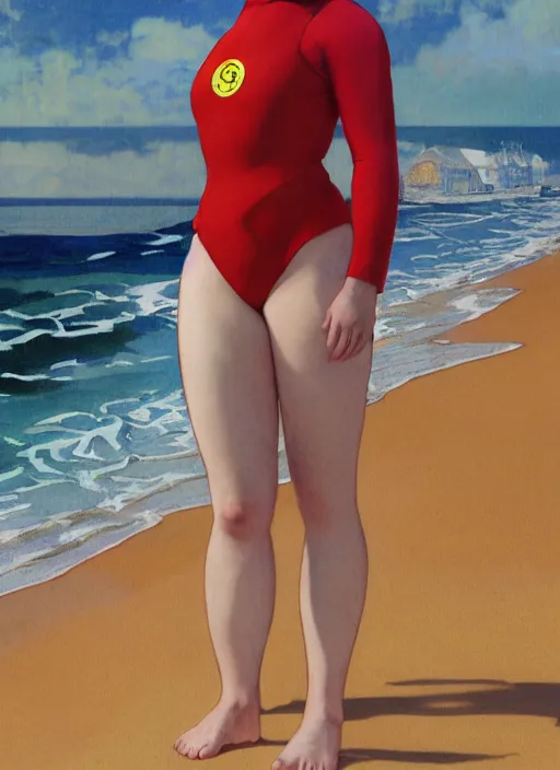 Image similar to portrait Gwendoline Christie as sea lifeguard on the beach, full length shot, shining, 8k highly detailed, sharp focus, illustration, art by artgerm, mucha, bouguereau