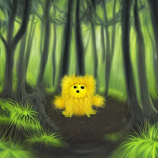 Image similar to A cute yellow furry monster in the forest, digital art