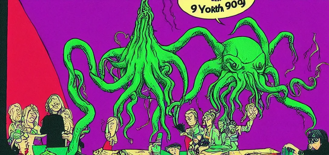 Prompt: Cthulhu starring in a David Lynch film about a birthday party, Mike Judge art style, 90's mtv illustration, surrealism, David Lynch's hair