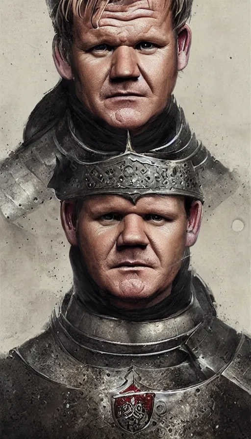 Prompt: Portrait of Gordon Ramsay as a medieval knight, male, detailed face, fantasy, highly detailed, cinematic lighting, digital art painting by greg rutkowski