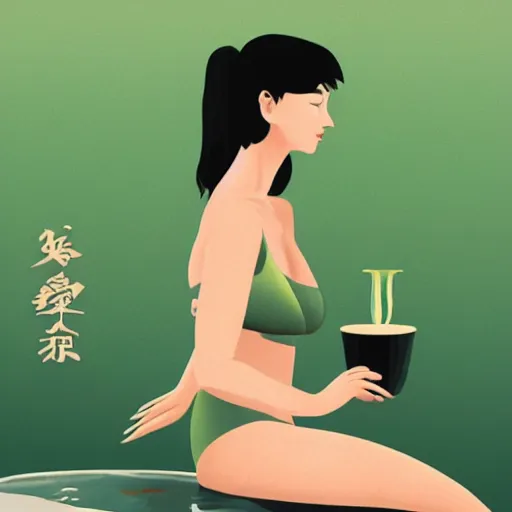Prompt: woman bathing in green tea, trending on artstation