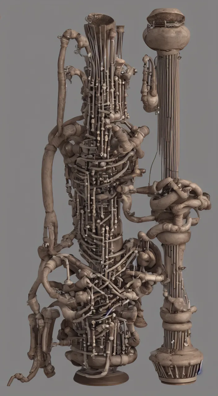 Prompt: a ceramic conn organ , dynamic lighting, amphora, larynx, oesophagus, vocal tract model, pipes, octane, unreal engine, 8k