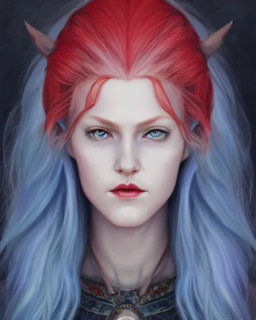 Image similar to A detailed matte oil on canvas head on symmetrical portrait of a distinguished elven woman with split red and blue hair on an empty background, by Charlie bowater, Wlop, trending on artstationhd, dungeons and dragons art, parted hair , half blue, half red , split dye, critical role