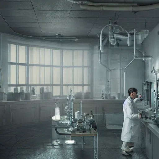 Image similar to muted colors, enlightenment era, 3 d octane render, unreal engine, realistic, and young scientist! standing in his laboratory observing a huge complex experiment!!, detailed, volumetric lighting