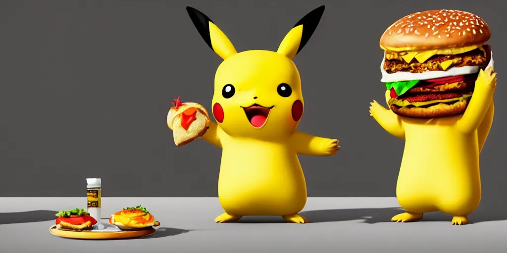 Prompt: Pikachu eating a hamburger, digital art, highly detailed, hyper realistic, unreal engine 5, trending on artstation, 4k uhd, epic composition