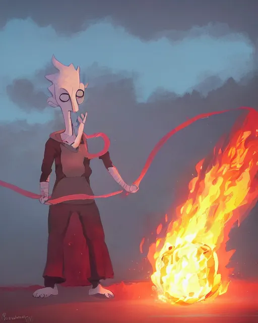 Prompt: squidward wearing fire nation clothing and practicing firebending outside at susnset, [ greg rutkowski ]