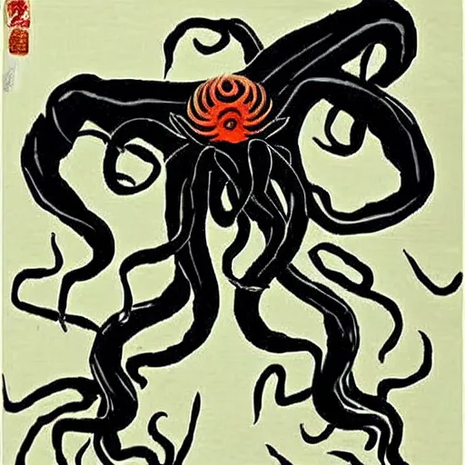 Image similar to cthulhu by qi baishi, chinese traditional painting