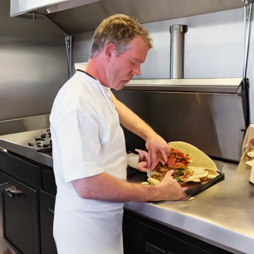 Image similar to middle aged white man making tacos in a big kitchen