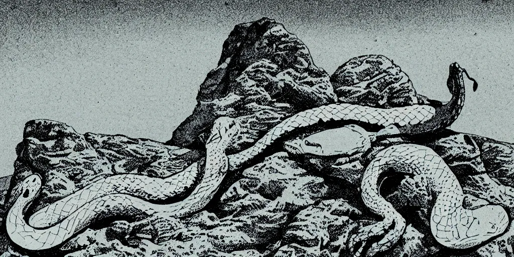 Prompt: a snake resting on an impossible rock formation, 1940s faded risograph print, illustration, limited color palette, earthtones, double-exposure, astrophotography