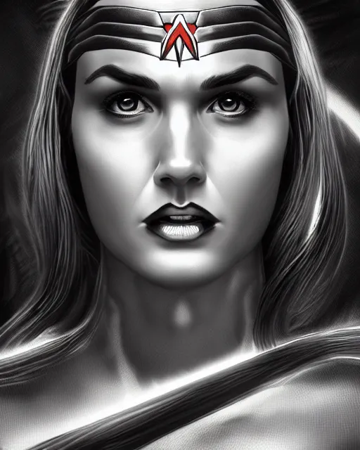 Prompt: tired angry wonderwoman portrait hd sharp monochrome cosmic horror photo with mix of gal Gadot and Linda Carter in giger sorayama style detailed trending on artstation Leica Zeiss depth of field