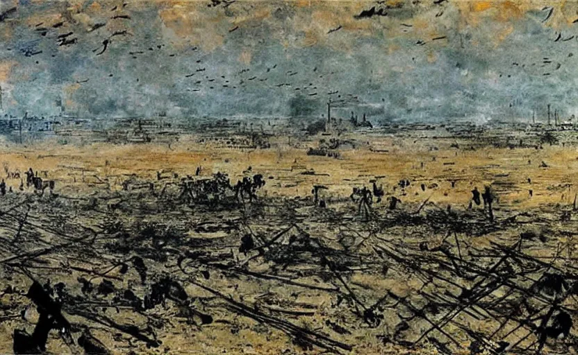 Prompt: painting by anslem kiefer of a battlefield