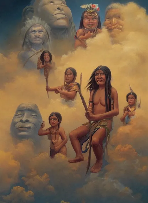 Image similar to faces of indigenous amazonian grandfathers and grandmothers spirits in the clouds, smiling, protection, benevolence, ancestors, detailed faces, art by christophe vacher