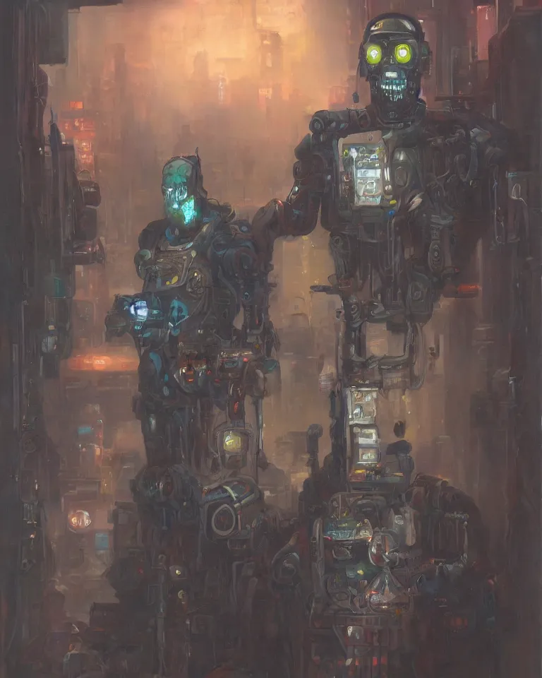 Image similar to an oil painting portrait of a cybernetic junkyard ghost, cyberpunk, shadowrun, in the style of brom