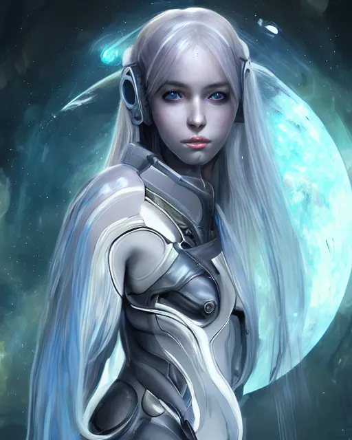 Prompt: perfect android girl on a mothership, warframe armor, beautiful face, scifi, futuristic, galaxy, raytracing, dreamy, digital painting, long white hair, blue cyborg eyes, atmosphere, sharp focus, nebula, highly detailed, artstation, intricate, innocent, art by gauthier leblanc, kazuya takahashi, huifeng huang