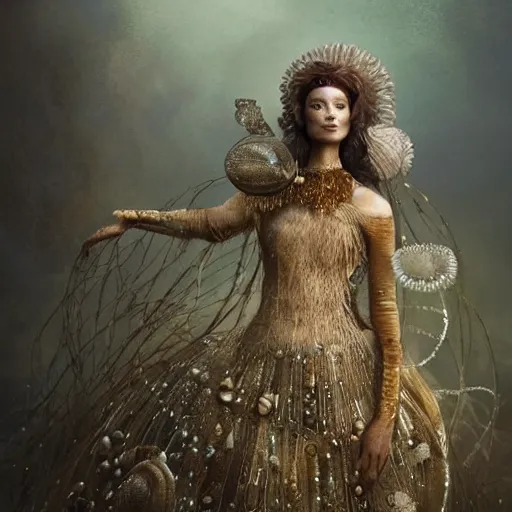 Image similar to brown woman wearing an armor made of jellyfishes. super detailed. layered. textured. award winning. refracted lighting. soft. fragile. by ray caesar. by louise dahl - wolfe. by andrea kowch. by tom bagshaw. surreal photography